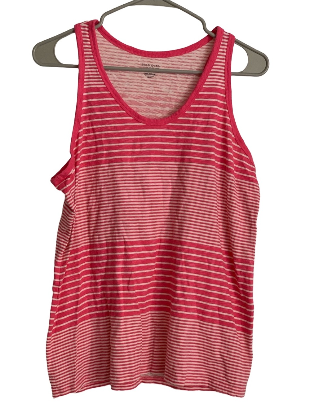 SONOMA Women’s Cream Dark Pink Striped Sleeveless Ribbed Cotton Tank Top